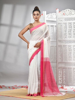 Angoshobha - White Cotton Blend Red Pallu Handloom Saree with Unstitched Blouse