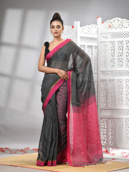 Angoshobha - Grey Cotton Blend Pink Pallu Handloom Saree with Unstitched Blouse