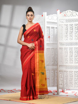 Angoshobha - Red Cotton Blend All Body Motifs With Mustard Pallu Handloom Saree with Unstitched Blouse
