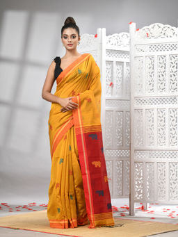 Angoshobha - Mustard Cotton Blend All Body Motifs With Red Pallu Handloom Saree with Unstitched Blouse