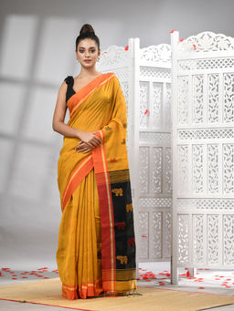 Angoshobha - Mustard Cotton Blend All Body With Black Pallu Handloom Saree with Unstitched Blouse