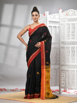 Angoshobha - Black Cotton Blend All Body With Mustard Pallu Handloom Saree with Unstitched Blouse