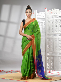 Angoshobha - Green Cotton Blend All Body Motifs With Blue Pallu Handloom Saree with Unstitched Blouse