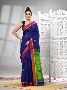 Angoshobha - Blue Cotton Blend All Body Motifs With Green Pallu Handloom Saree with Unstitched Blouse