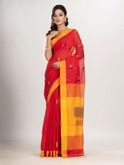 Angoshobha - Red Cotton Blend All Body Laptop With Pallu Yellow Jamdani Saree with Unstitched Blouse