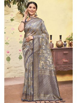 EXCLUSIVA - Grey Cotton Saree with Unstitched Blouse