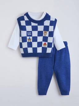 Hopscotch - Blue Acrylic Checks T-Shirt Jogger with Sweater