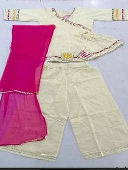 Hopscotch - Cream Cotton Blend Solid/Plain Kurti Pant Dupatta