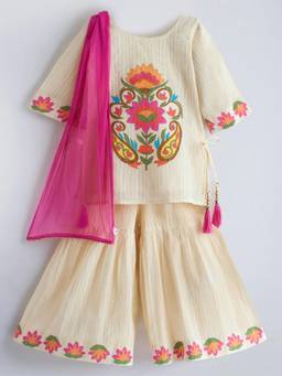 Hopscotch - Cream Cotton Blend Floral Kurti Sharara Dupatta