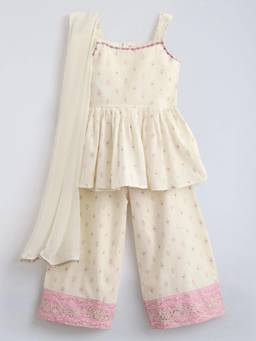 Hopscotch - Cream Cotton Printed Kurti Palazzo with Dupatta