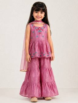 Hopscotch - Peach Cotton Blend Floral Kurti Sharara with Dupatta