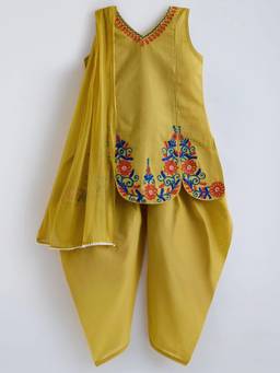 Hopscotch - Mustard Cotton Solid/Plain Kurti Dhoti with Dupatta