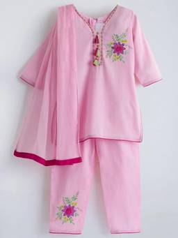 Hopscotch - Pink Cotton Blend Floral Kurti Pant with Dupatta