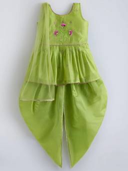 Hopscotch - Green Cotton Solid/Plain Kurti Dhoti with Dupatta