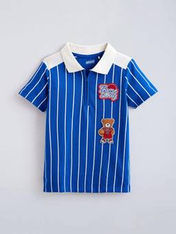 Hopscotch - Blue Cotton Stripes Polo T-shirt