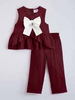 Hopscotch - Maroon Cotton Solid/Plain Top With Pant