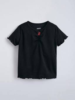 Hopscotch - Black Cotton Textured T-shirt
