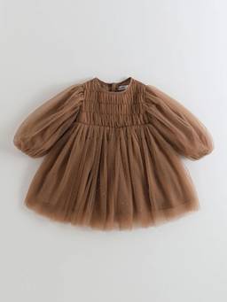 Hopscotch - Brown Polyester Solid/Plain Party Dress