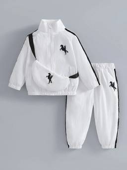 Hopscotch - White Nylon Stripes Jacket & Jogger with Sling bag