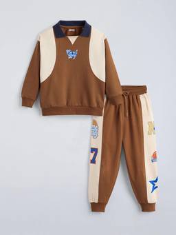 Hopscotch - Brown Cotton Colorblock Sweatshirt With Jogger
