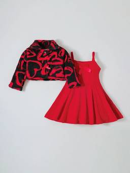 Hopscotch - Red Polyester Printed Casual Dress With Jacket