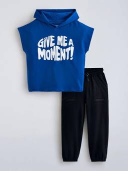 Hopscotch - Blue Cotton Typography Sweatshirt With Jogger