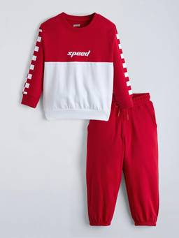 Hopscotch - Red Cotton Colorblock Sweatshirt With Jogger