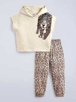 Hopscotch - Beige Cotton Animal Print Sweatshirt With Jogger