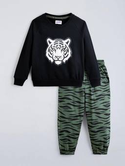 Hopscotch - Black Cotton Animal Print Sweatshirt With Jogger