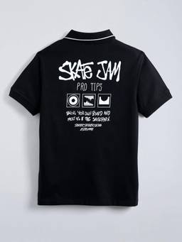 Hopscotch - Black Cotton Typography Polo T-Shirt