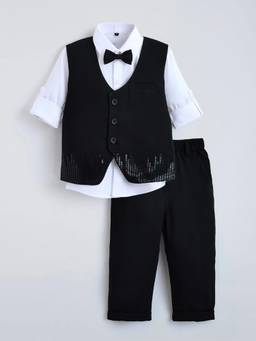Hopscotch - Black Cotton Blend Solid/Plain Shirt Waist Coat Pant Bowtie