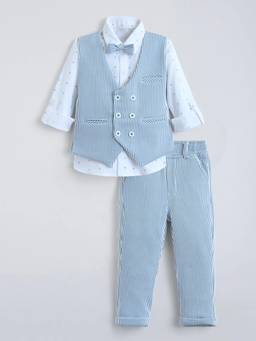 Hopscotch - White Cotton Blend Checks Shirt Waist Coat & Pant with Bowtie