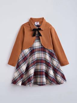 Hopscotch - Multi-Color Cotton Checks Casual Dress With Jacket