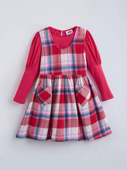 Hopscotch - Red Cotton Checks Casual Dress With T-shirt