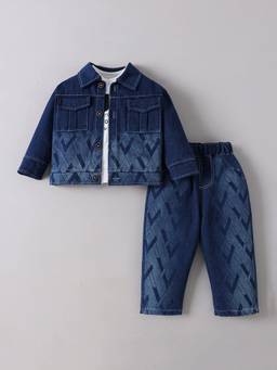 Hopscotch - Blue Cotton Blend Typography Jacket T-Shirt with Jeans