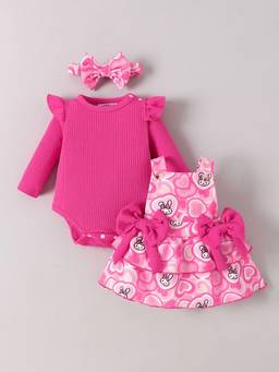 Hopscotch - Pink Polyester Blend Printed Casual Dress & T-shirt with Headband