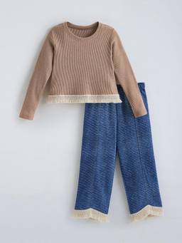 Hopscotch - Brown Cotton Blend Solid/Plain Top With Pant