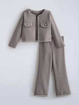 Hopscotch - Grey Cotton Blend Solid/Plain Top With Pant