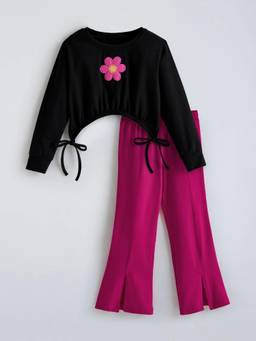 Hopscotch - Black Cotton Blend Solid/Plain Top With Pant