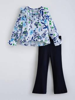 Hopscotch - White Cotton Floral Top With Pant