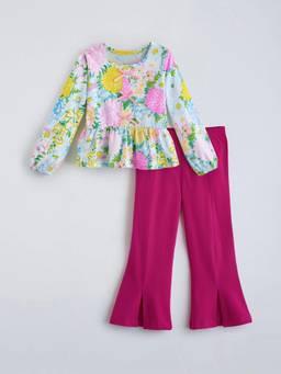 Hopscotch - White Cotton Floral Top With Pant