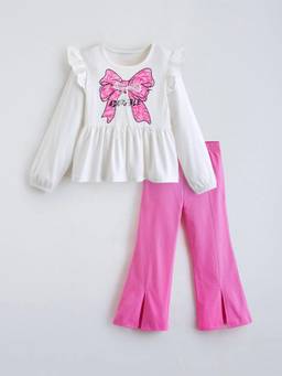 Hopscotch - White Cotton Blend Graphic Top With Pant