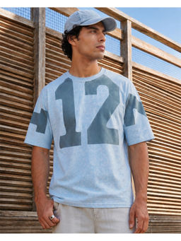 Bewakoof - Men's Blue Typography Oversized Acid Wash T-Shirt