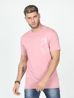 Classic Polo - Men's Half Sleeve Light Peach Round Neck Slim Fit Printed Cotton T-Shirt