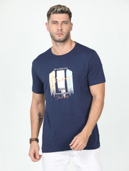 Classic Polo - Men's Half Sleeve Navy Blue Round Neck Slim Fit Printed Cotton T-Shirt