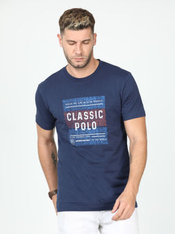Classic Polo - Men's Half Sleeve Navy Blue Round Neck Slim Fit Printed Cotton T-Shirt