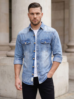 KUONS AVENUE - Men's Stonewash Spray Washed Denim Shirt