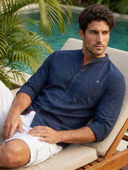 KUONS AVENUE - Men's Indigo Mandarin Collar Linen Cotton Shirt