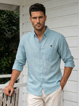 KUONS AVENUE - Men's Aquamarine Button Down Collar Tencel Linen Shirt