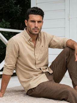 KUONS AVENUE - Men's Tan Button Down Collar Tencel Linen Shirt